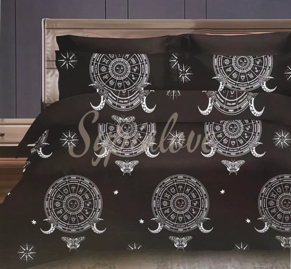 Pościel bawełniana 200x220 czarna w koło zodiakalne