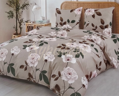 Komplet pościeli bawełnianej 160x200 beżowa w kwiatki 2046