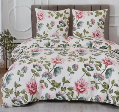 Komplet pościeli 160x200 bawełniana kremowa w kwiaty 2047
