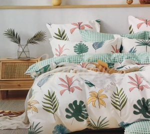 Komplet pościeli 160x200 bawełnianej biała w kolorowe liście.webp