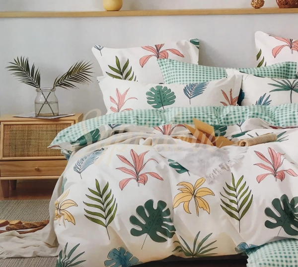 Komplet pościeli 160x200 bawełnianej biała w kolorowe liście.webp