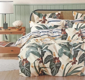 Komplet pościeli satyna 160x200 kremowa w liście.webp