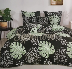 Komplet pościeli 160x200 bawełnianej ciemno zielona w liście.webp