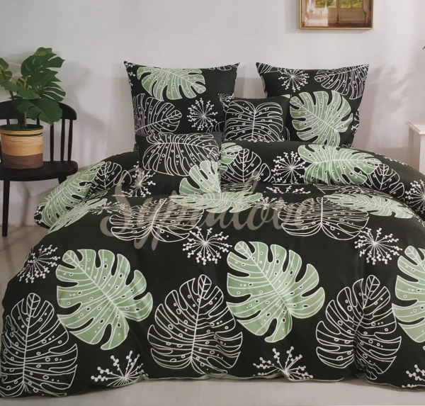 Komplet pościeli 160x200 bawełnianej ciemno zielona w liście.webp