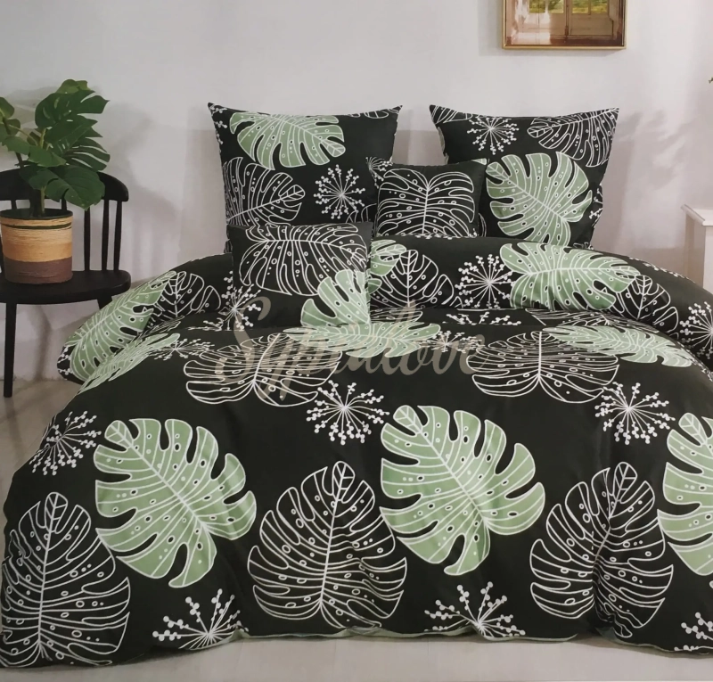 Komplet pościeli 160x200 bawełnianej ciemno zielona w liście.webp