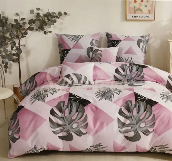 Komplet pościeli 160x200 bawełniana różowa w liście.webp