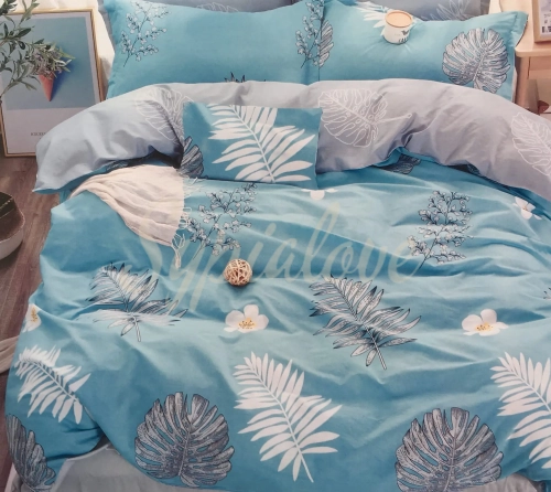 Pościel satyna bawełniana 160x200 niebieska w liście.webp